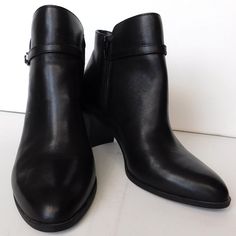 Black Leather Booties  Ankle Boots Size 9.5 Block Heel Alfani Step Flex  Zipper